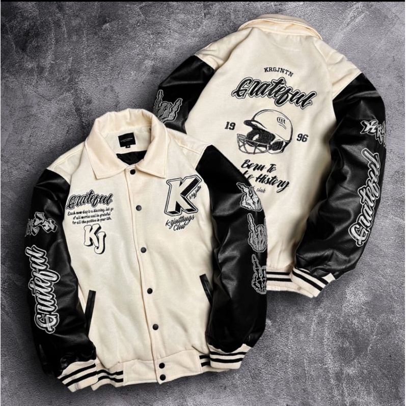 VINTAGE VARSITY JACKET LEATHER JACKET CREAM Jaket Kulit Varsity Vintage Cream Hitam Pria Wanita Trendy