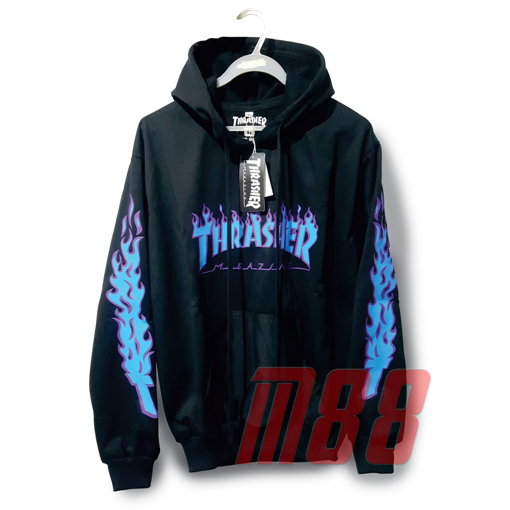 Jual SWEATER HOODIE THRASHER FLAME BLUE WITH FIRE LEG PREMIUM