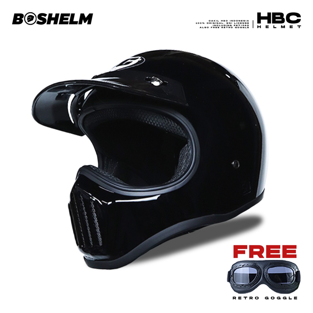 Jual BOSHELM Helm Cakil HBC HITAM GLOSSY Helm Retro Full Face SNI