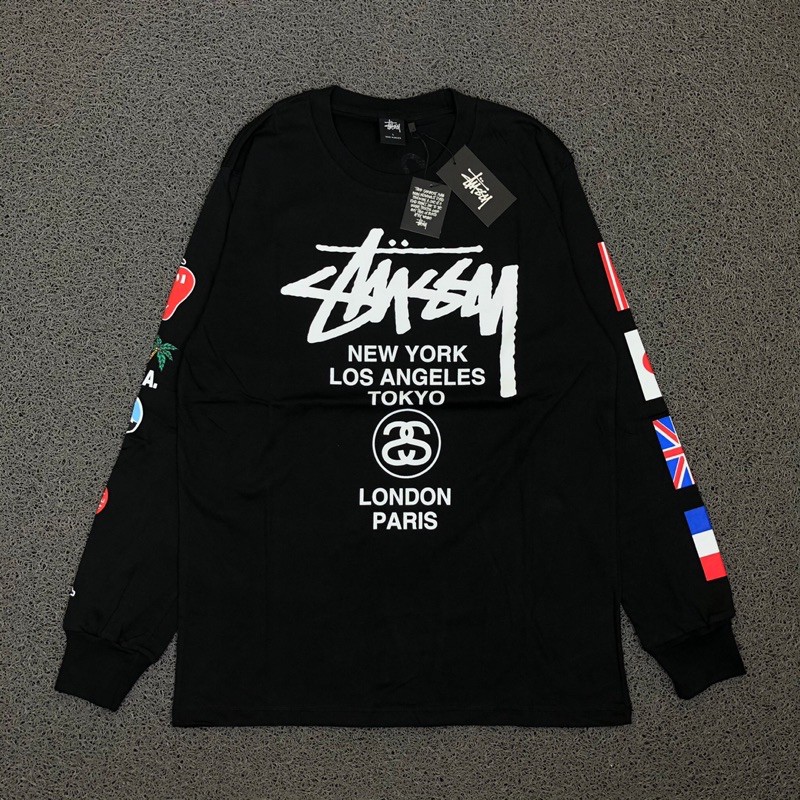 Jual LONGSLEEVE STUSSY WORLD TOUR FLAG FULL PRINT SLEEVES PREMIUM