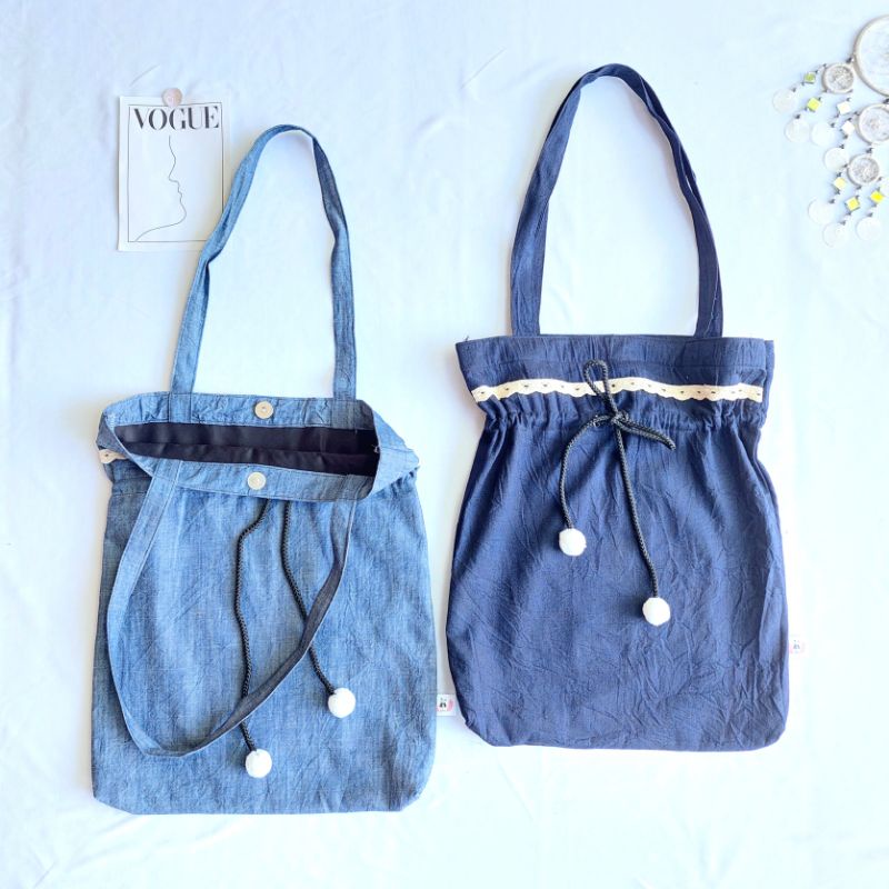 Jual Totebag Serut Blue Denim Tas Kuliah Bahan Jeans Shopee