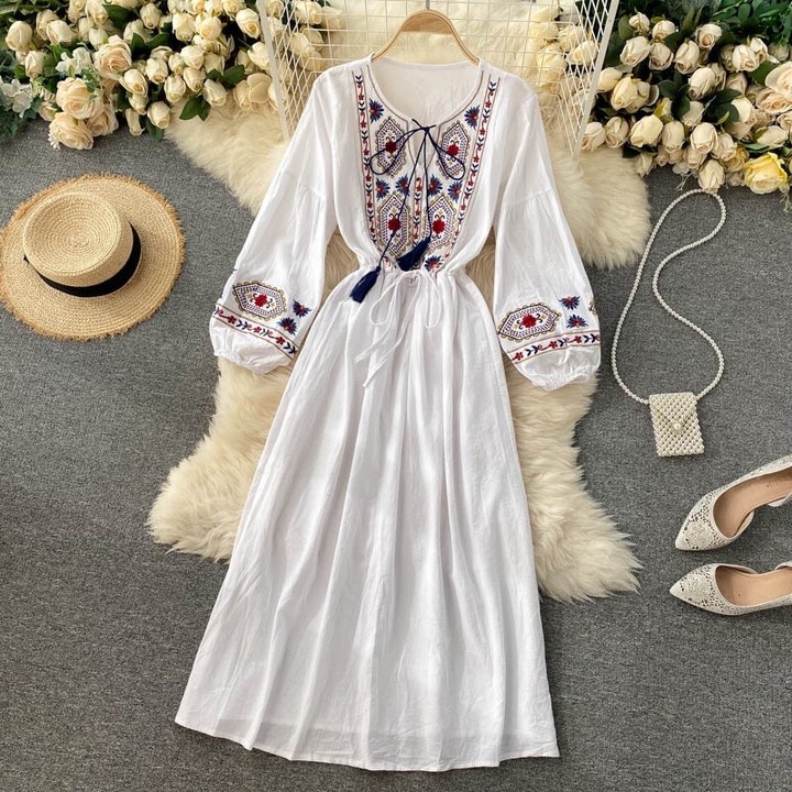 Jual Tora Midi Dress Gamis Bohemian Vintage Fashion Muslim Motif