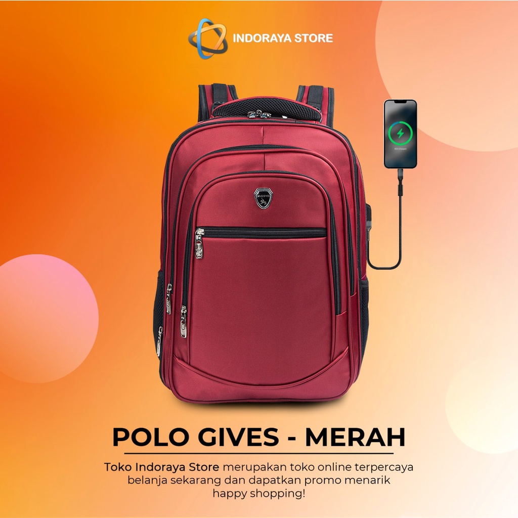 POLO GIVES Tas Ransel Original Import Tas Backpack Pria Wanita Free Kabel USB Raincover