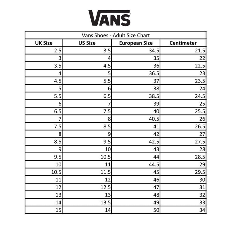 PANDUAN UKURAN VANS SIZE CHART VANS