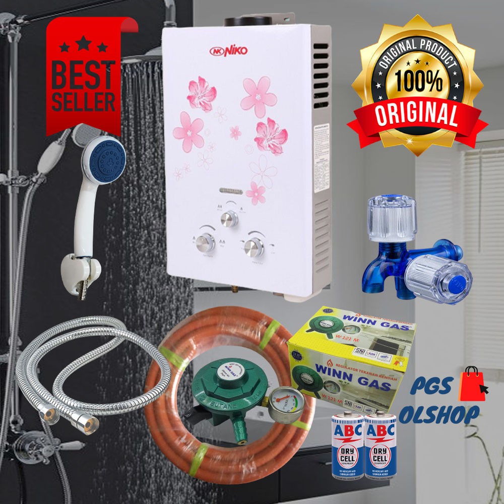 Jual Water Heater Pemanas Air Kamar Mandi Gas Niko Lengkap Putih | Shopee  Indonesia