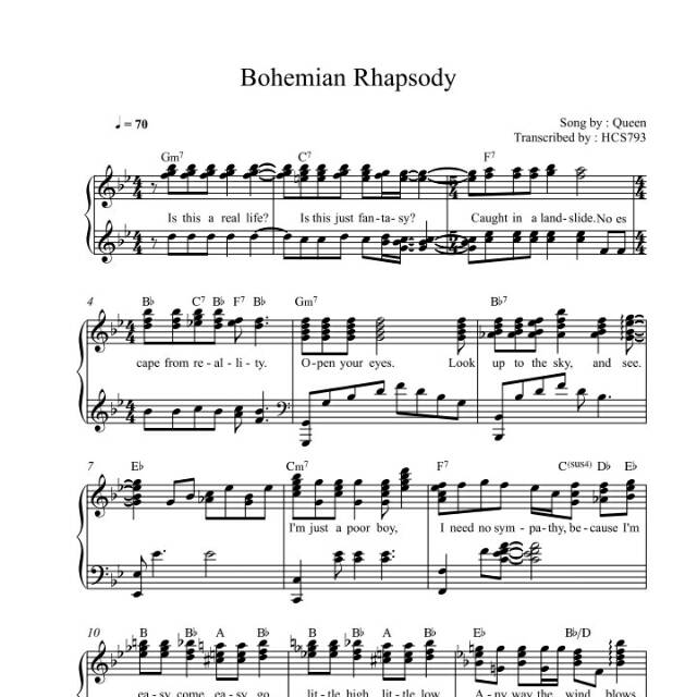 Not Angka Piano Lagu Bohemian Rhapsody