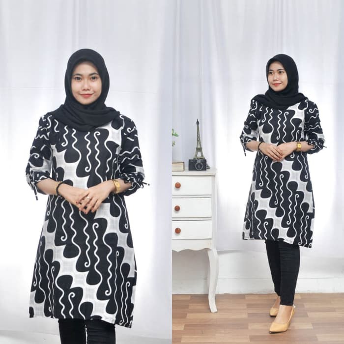 Jual Dress Batik Wanita Tunik Batik Motif Parang Liris Hitam Putih Premium  | Shopee Indonesia