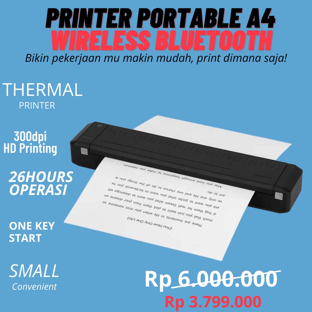 Jual Printer Portable A4 Wifi, MT800 Wireless Bluetooth