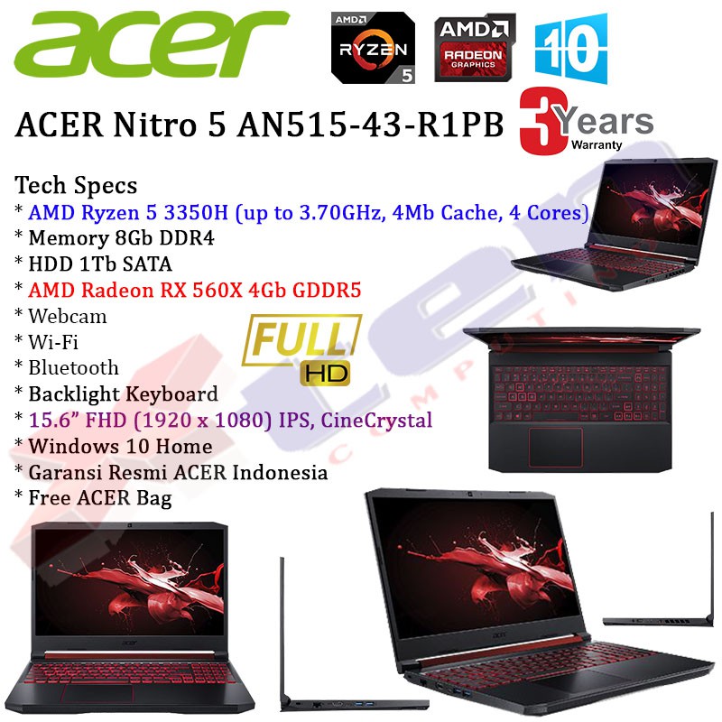 Jual ACER Nitro 5 AN515 43 R1PB Ryzen 5 3550H 8Gb 1Tb Radeon