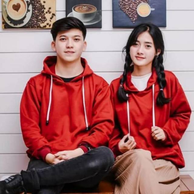 Jual Hoodie Couple Polos Jumper Merah Maroon Maroon Quality