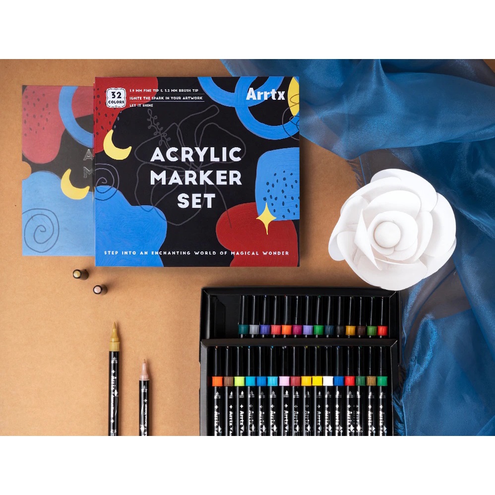 Arrtx Acrylic Paint Pens, 32 Colors Brush Tip and Fine Tip (Dual