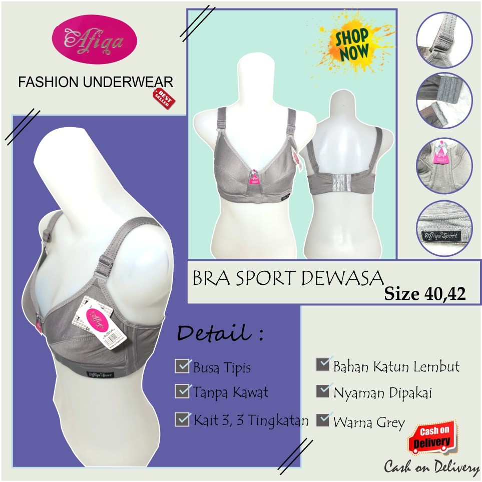 Sport Bra Jumbo BH Sport Katun Big Size Kait 3 Ukuran 40-42 Tanpa Kawat  warna Grey by Afiqa Fashion