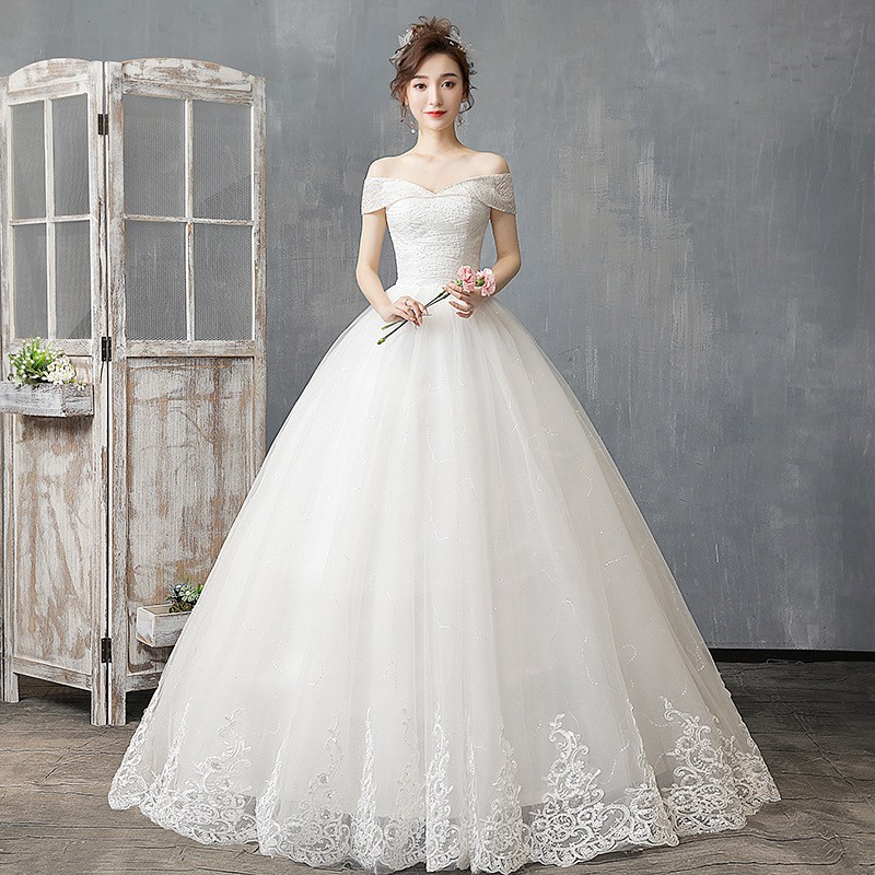 Jual Putih Sederhana Off Shoulder Lace Payet Wedding Dress Bridal