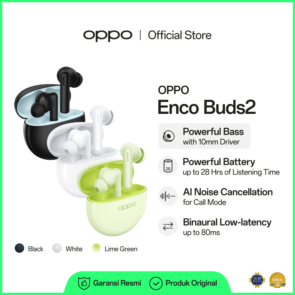 Jual [NEW!] OPPO Enco Buds2 [Powerful Bass, Battery up to 28 Hours  Listening Time, AI Noise Cancellation, Binaural Low-Latency]