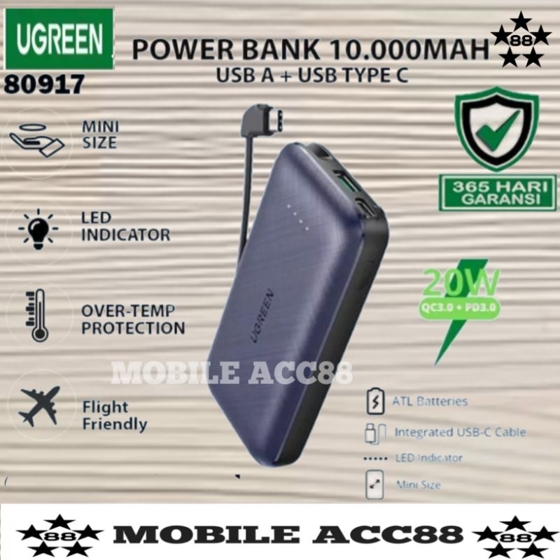 UGREEN (80917) Power Bank 10000mAh PD 20W Fast Charging with USB-C