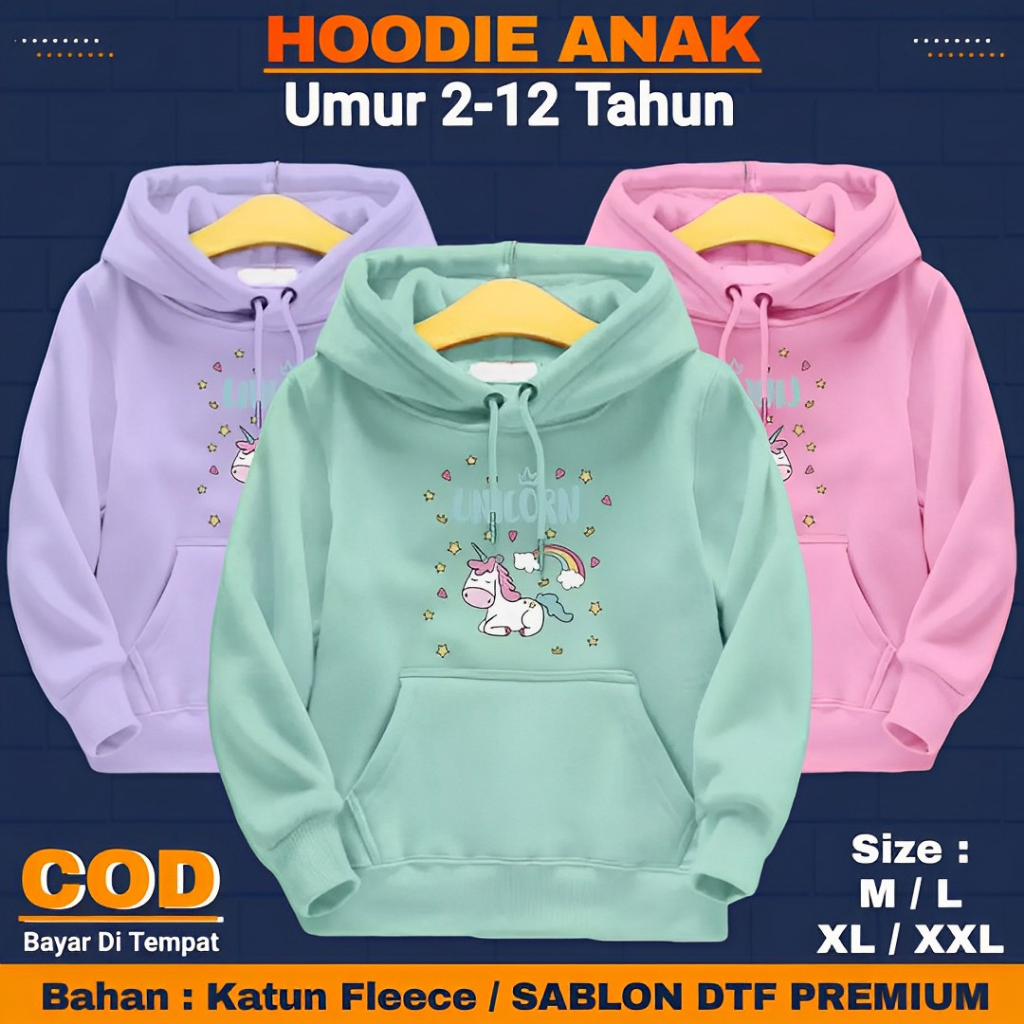 Jaket Sweater Hoodie Anak Perempuan UNICORN Terbaru Murah Kekinian Umur 2 3 4 5 6 7 8 9 10 11 12 Tahun