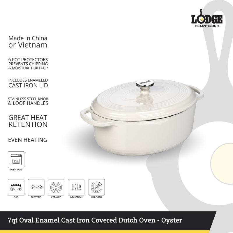 Lodge EC7OD13 7 Qt. Round Oyster White Porcelain Enameled Cast Iron Dutch  Oven - Culinary Depot