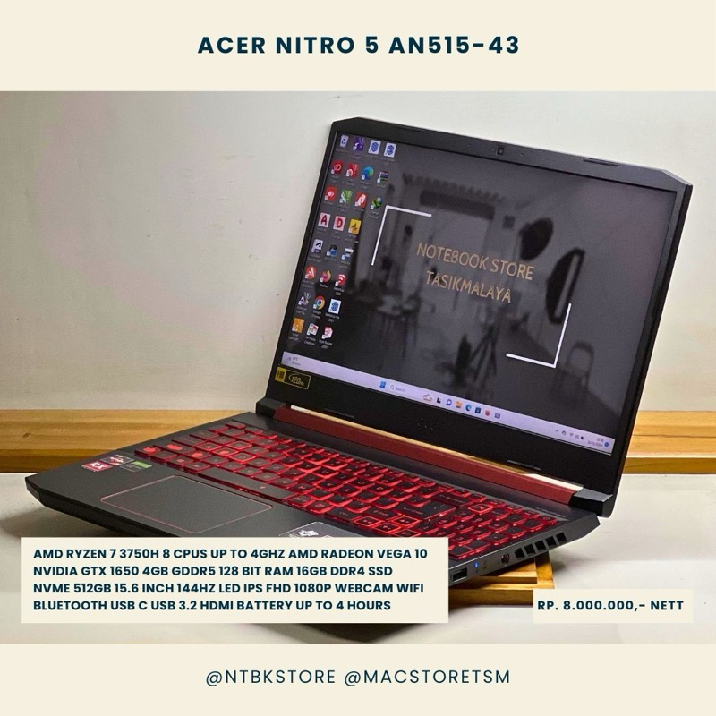 Jual Acer nitro 5 AN515 43 AMD ryzen 7 3750H 512GB 16GB GTX 1650