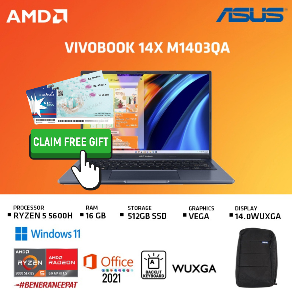 Jual ASUS VIVOBOOK 14X M1403QA RYZEN 5 5600H 16GB 512SSD W11+OHS