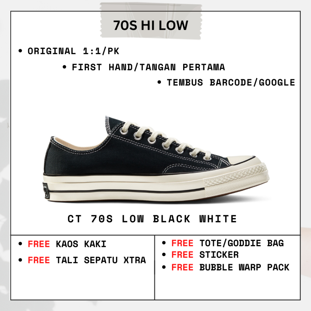 100 BNIB Sepatu Converse 70s Low Ox Black White 1 1 Original