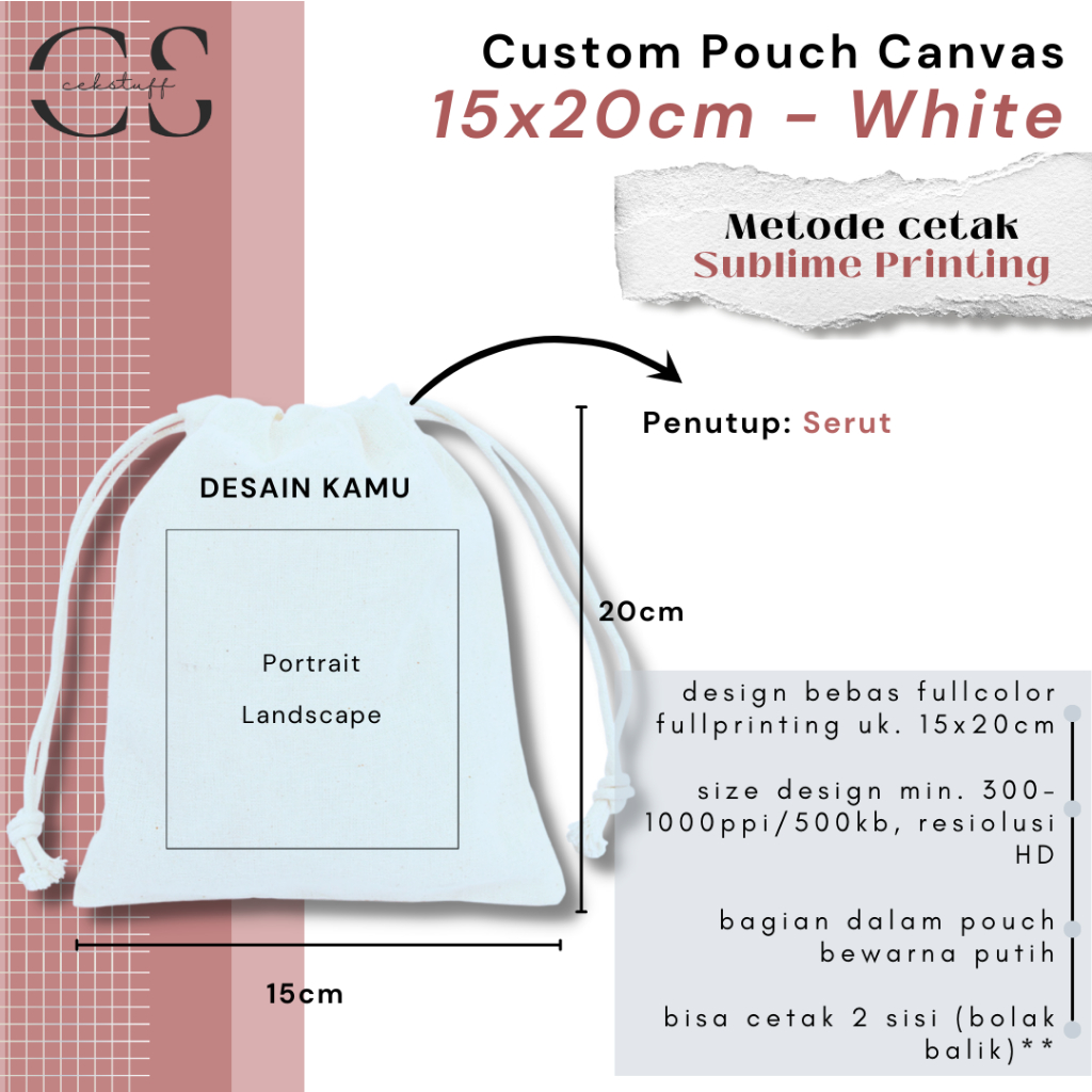 Jual PROMO Custom Pouch Serut Kanvas Satuan 15x20 Premium Original