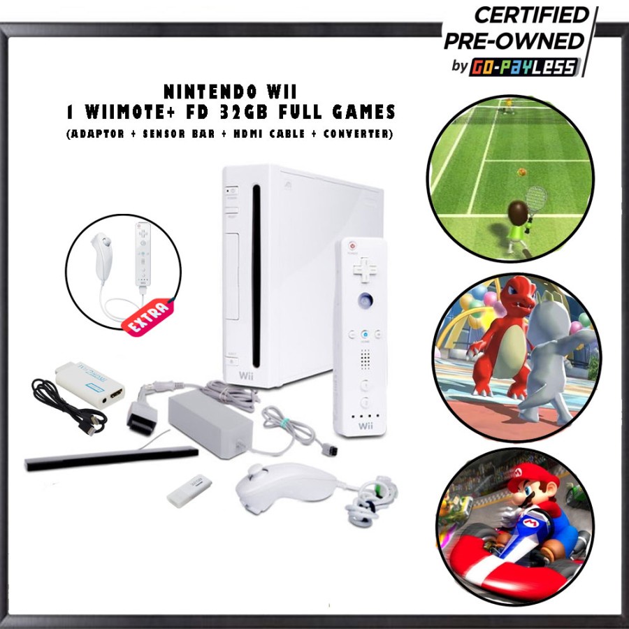 Nintendo Wii PreOwned 32GB 320GB Full Games HDMI Converter Cable 2 Wiimote 2 Nunchuck GARANSI 3 BULAN